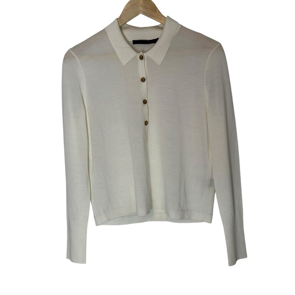 Jenni Kayne Grayson Soft Merino Wool Half Button Polo Top Scandi Capsule Cream M